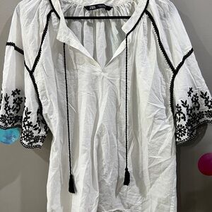Zara White Black Embellished 3/4 Sleeve Blouse